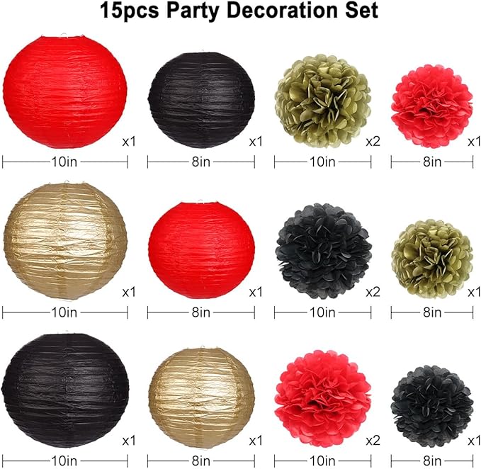 zilue Red and Black Party Decorations, Paper Lanterns and Pom Poms