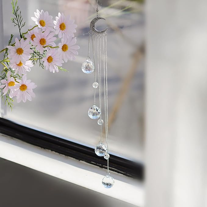 20.5inch Hanging Clear Crystal Suncatcher Ornaments with Moon Decor