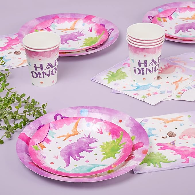 Pink Dinosaur Birthday Decorations 64 PCS Dinosaur Plates Napkins
