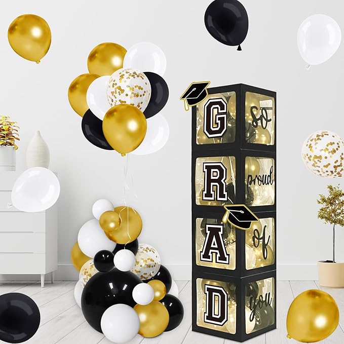 2026 Graduation Decorations Black and Gold Set of 4 Grad Boxes with