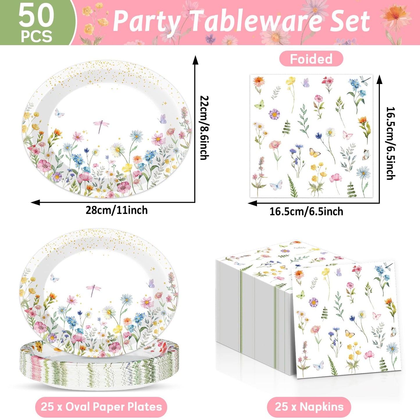 QOUBAI Wildflower Oval Plates and Napkins Floral Paper Platters