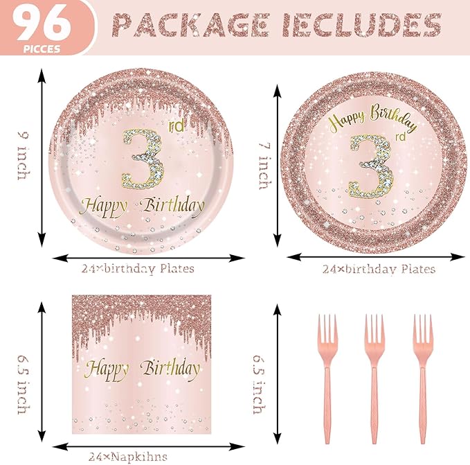 24 Sets 3rd Rose Gold Birthday Party Decrations for Girls 3 Birthday