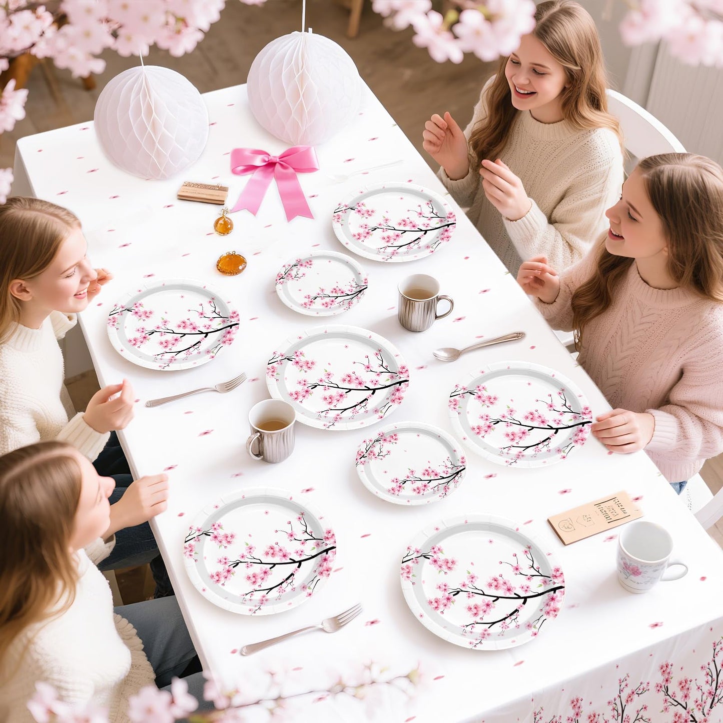 98Pcs Cherry Blossom Party Supplies Cherry Blossom Plates and Napkins