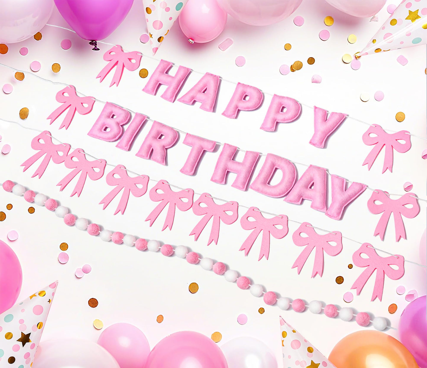 Pre-Strung Pink Bow Birthday Decorations, Reusable Coquette Party