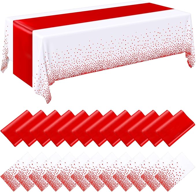 Breling 24 Pack White and Red Disposable Plastic Tablecloths and