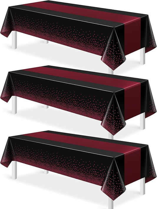 3Pcs Black and Maroon Tablecloth Party Decorations,Plastic Black