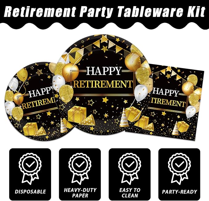 168 Pcs Retirement Party Supplies, Black Gold Happy Retirement Party
