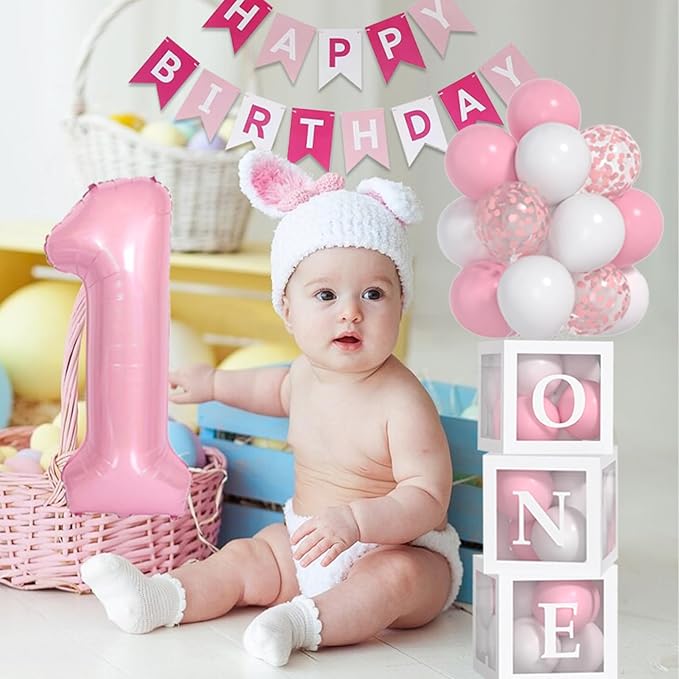 Baby Girl First Birthday Decorations Pastel Pink White Balloons 40