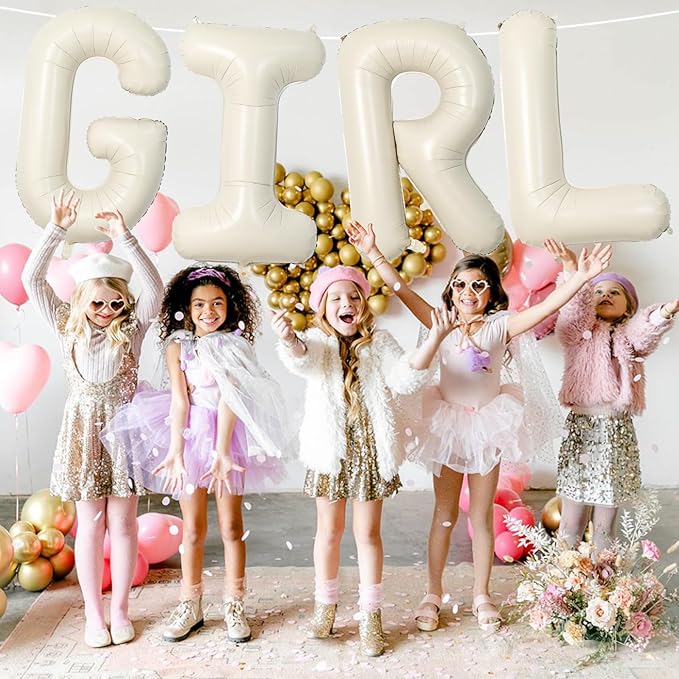 40 Inch Cream Girl Balloons, Large Beige Neutral Letters With Ribbon,