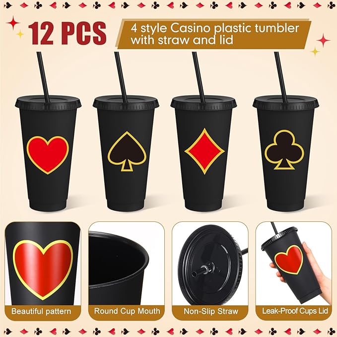 12 Pcs Black Casino Party Supplies Casino Plastic Reusable Cute Cups