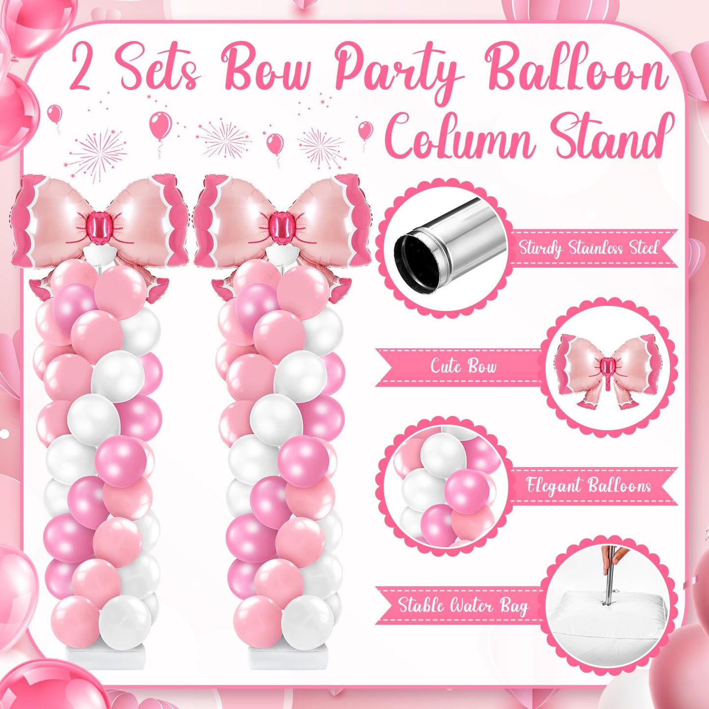 Kasyat 2 Sets Pink Bow Balloon Column Stand Kit with 2 Pink Bow Foil