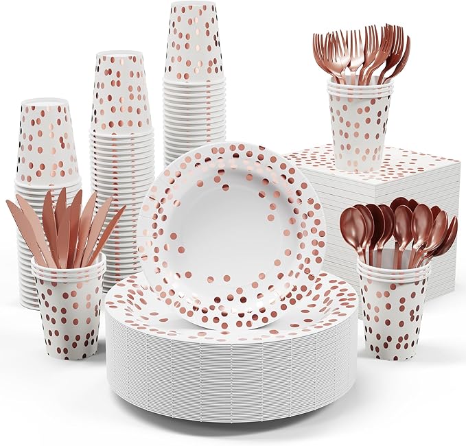 White and Rose Gold Party Supplies - 350 PCS Disposable Dinnerware