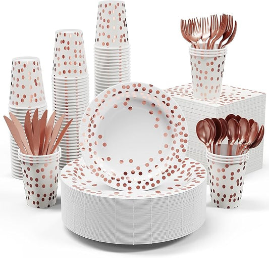White and Rose Gold Party Supplies - 350 PCS Disposable Dinnerware