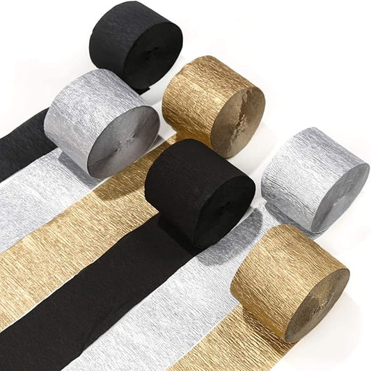 PartyWoo Crepe Paper Streamers 6 Rolls 492ft, Pack of Gold, Silver
