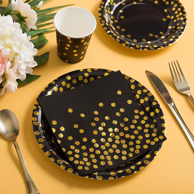 HOMIX Black and Gold Party Supplies 175 Pieces Disposable Black Paper