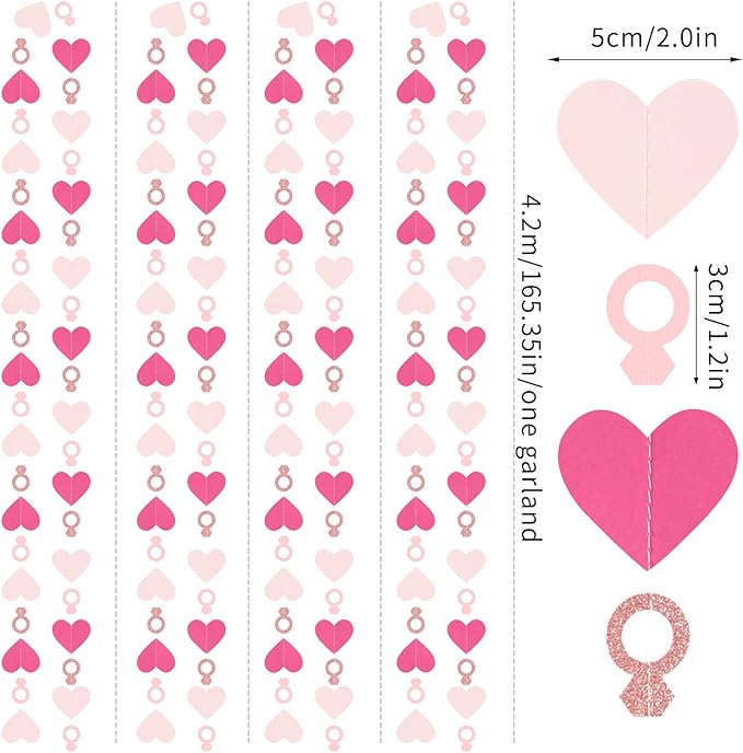 Hot-Pink Rose Gold Heart-Ring Garland - 52Ft Engagement Bachelorette