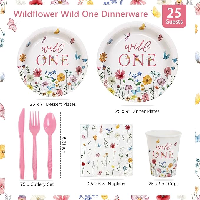 Wild and Onederful 1st Birthday Girl Plates Set 25 Guests Spring