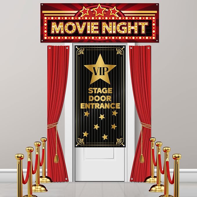 4 Pcs Movie Night Porch Sign Banner VIP Door Entrance Door Cover