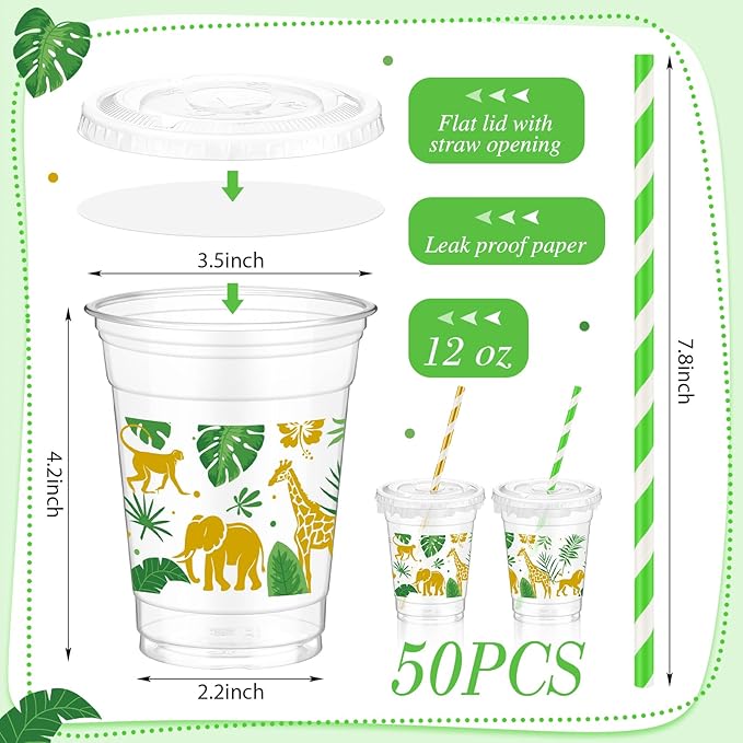 50 Pcs Jungle Safari Animals Cups Disposable Plastic Cup 12 oz