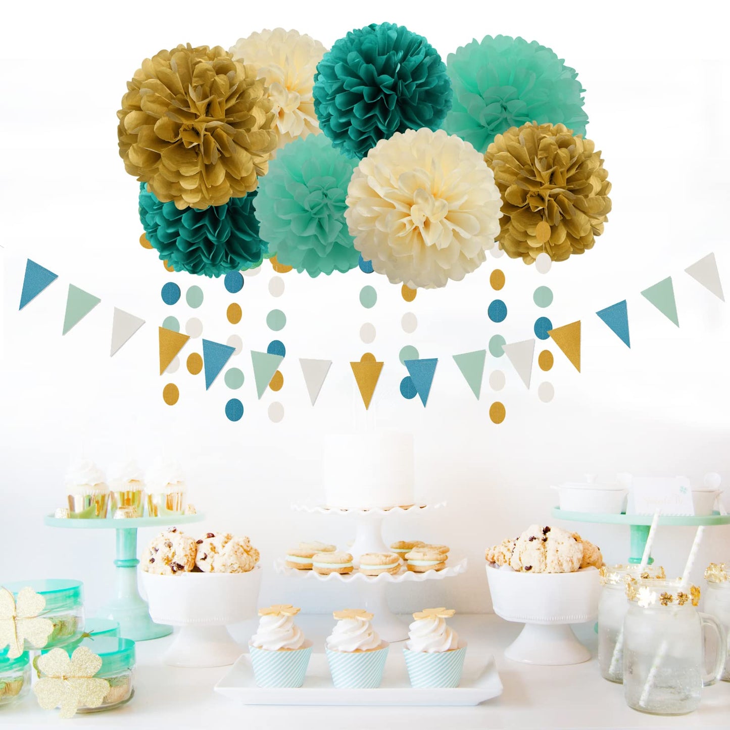 Teal-Blue Mint Beige-Gold Party Decorations - 30pcs Rustic Wedding