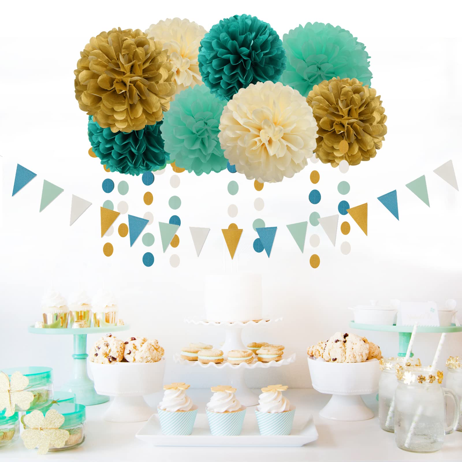 Teal-Blue Mint Beige-Gold Party Decorations - 30pcs Rustic Wedding