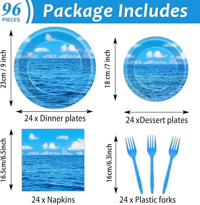 96Pcs Summer Ocean Plates and Napkins Under the Sea Bubbles Blue Sky