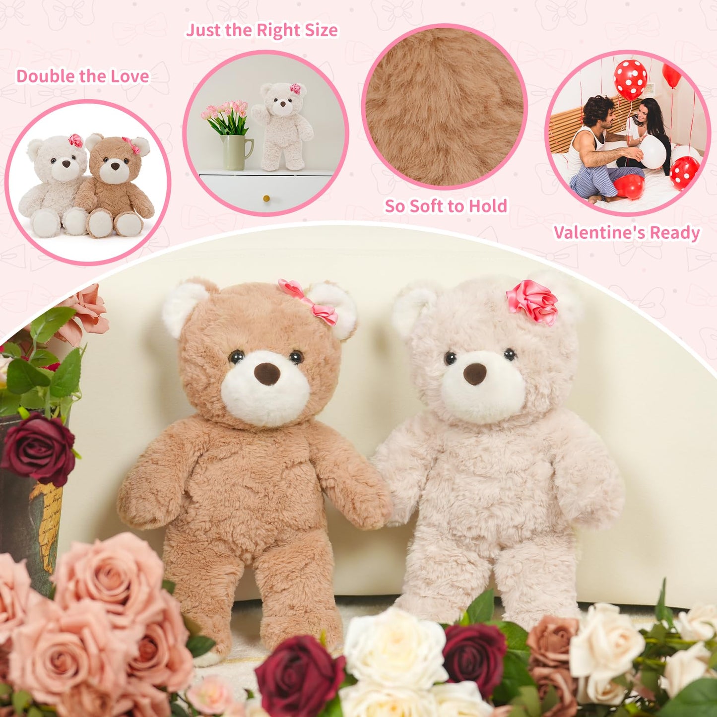 Muiteiur 2 Packs Teddy Bears Bulk, 13.8 Inch Teddy Bear Set with Pink