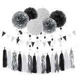 Black White Silver Party-Decorations Streamers - 23pcs Tissue Pom