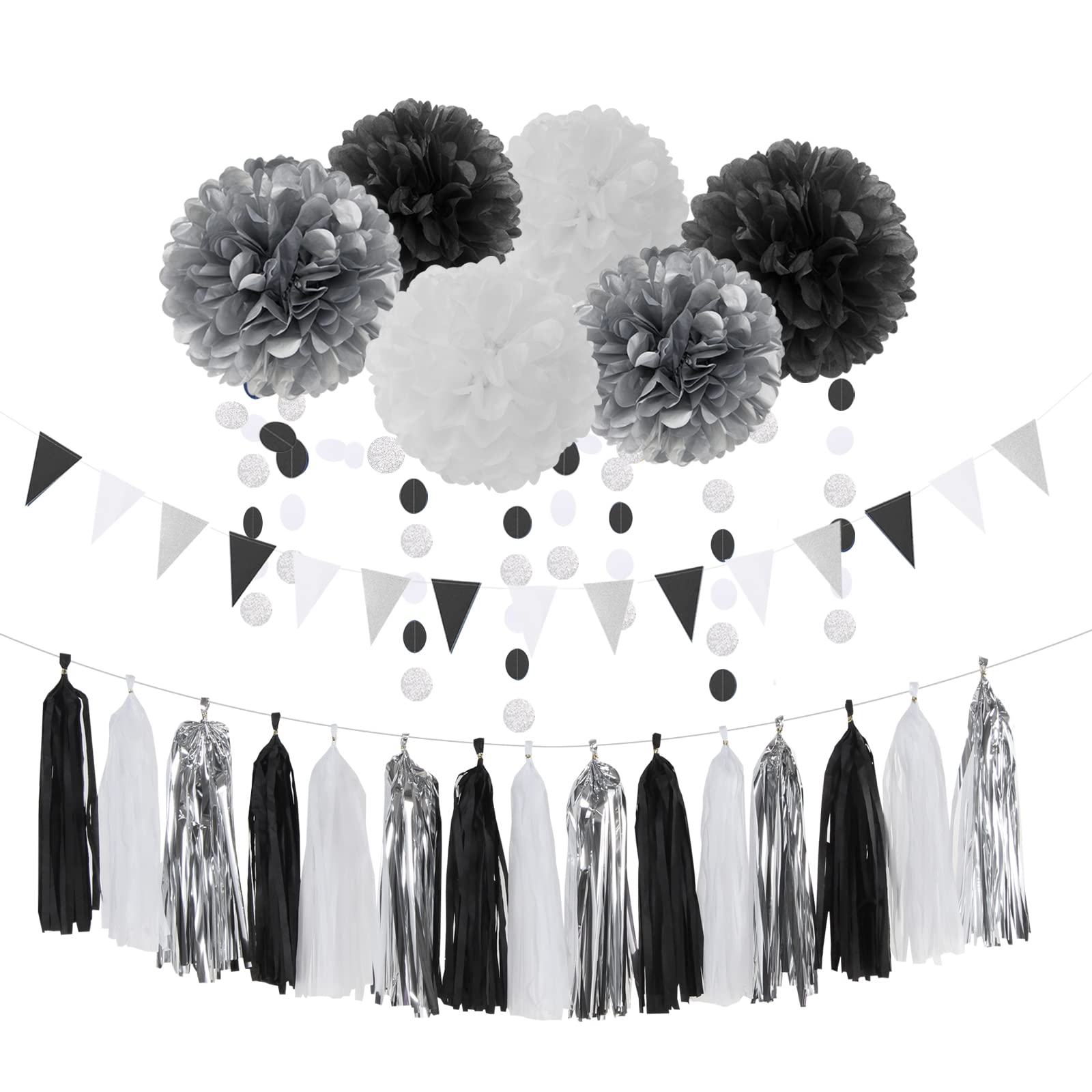 Black White Silver Party-Decorations Streamers - 23pcs Tissue Pom