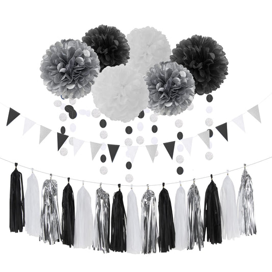 Black White Silver Party-Decorations Streamers - 23pcs Tissue Pom