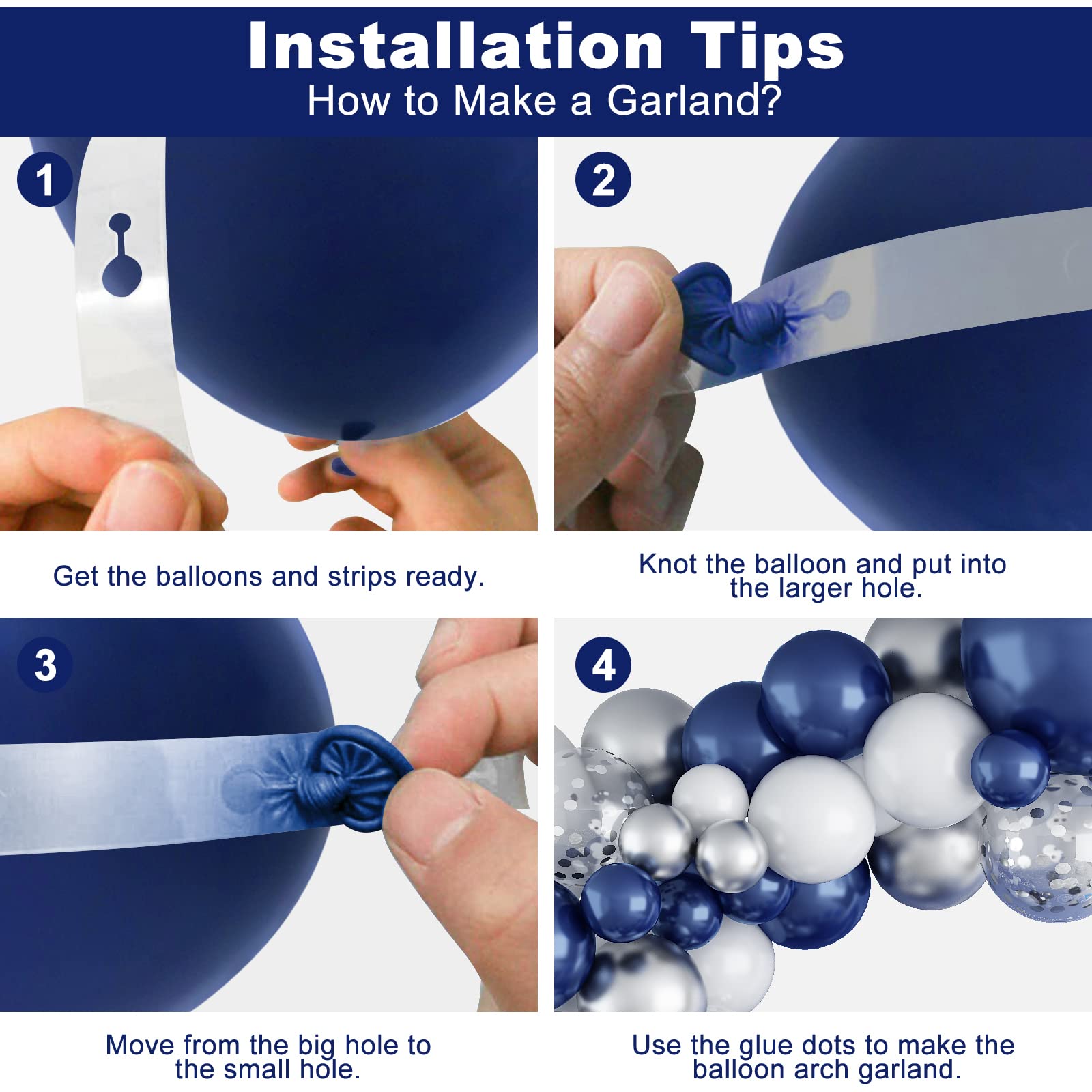144PCS Navy Blue Silver Balloons Garland Kit, 18 12 10 5 inch Blue