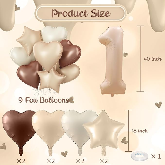 40 Inch Number 1 Balloon Decor, Cream Brown Foil Neutral Heart 1