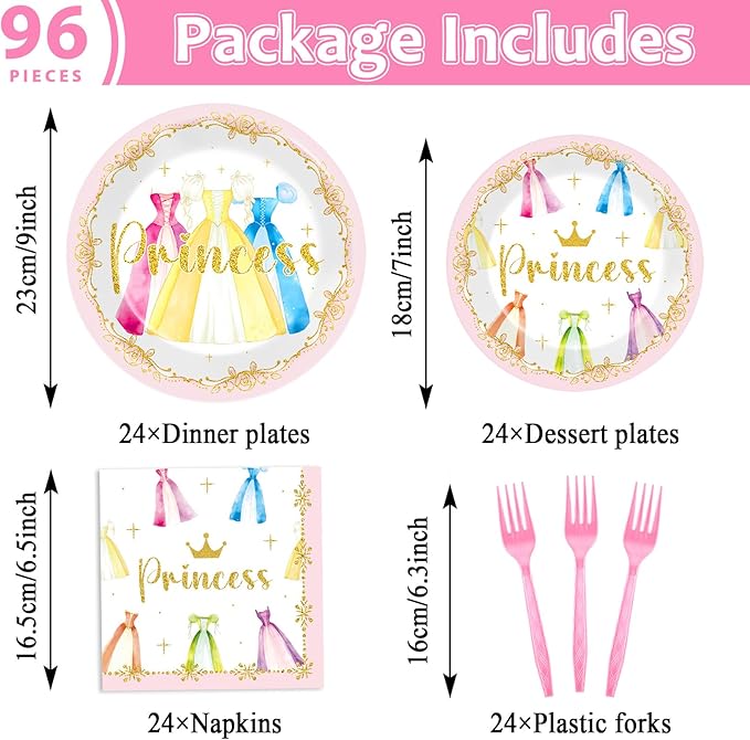 96Pcs Princess Birthday Party Decorations Princess Themed Tableware