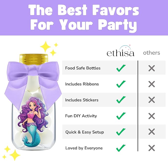Small 12 Pack Mermaid Party Favors DIY Candy Jars with Ribbons and