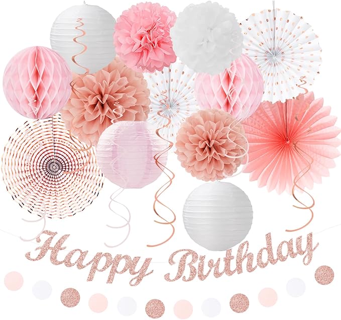 Pink White Rose Gold Birthday Party Decorations 21pcs Happy Banner