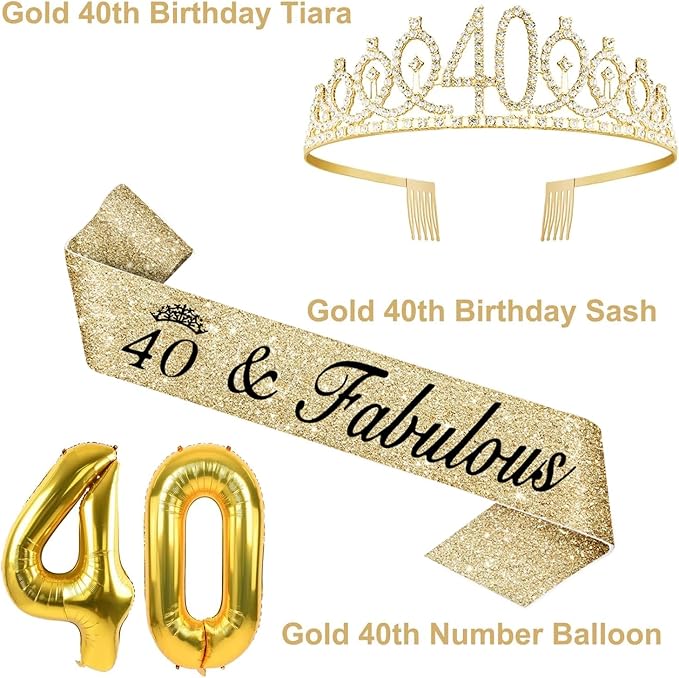 40th Birthday Decorations Women Gold with Sash and Tiara Cake Topper