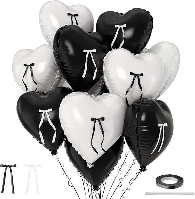 Black White Heart Balloons with Ribbon Bow, 18 Inch Matt Black and