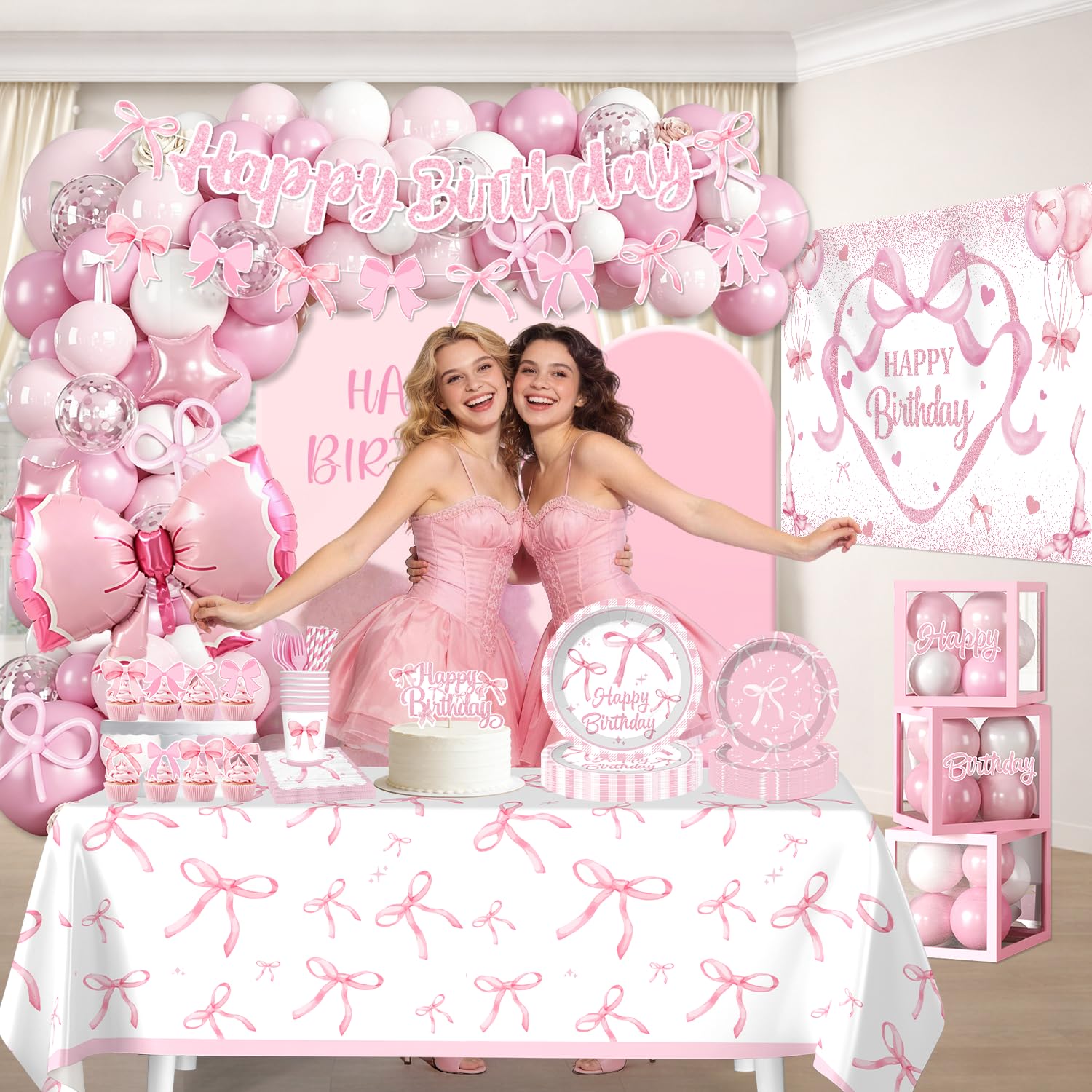 Cocomigo 251pcs Coquette Birthday Decorations, All-in-1 Pink Bow