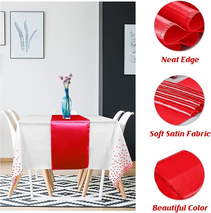 8Pack Disposable Plastic Tablecloths and Satin Table Runner Set White