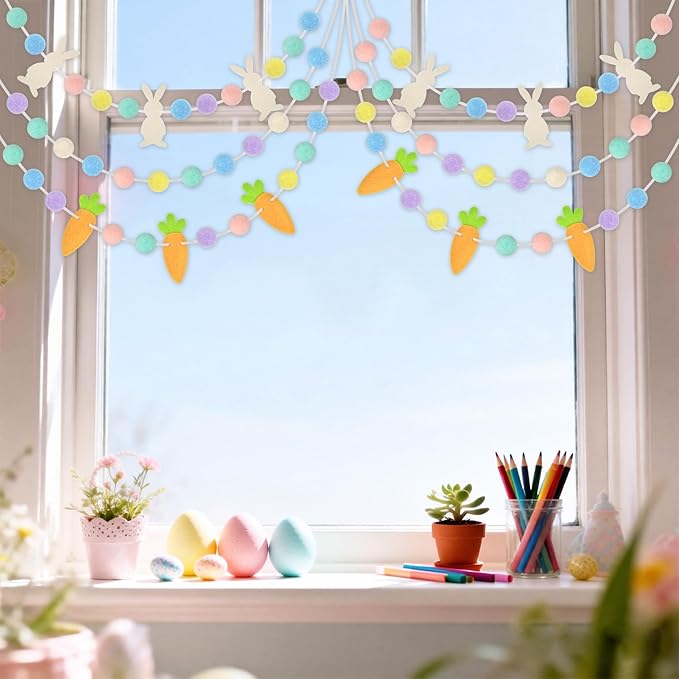 Easter Decorations Bunny Rabbit Banner Pastel Rainbow Pom Pom