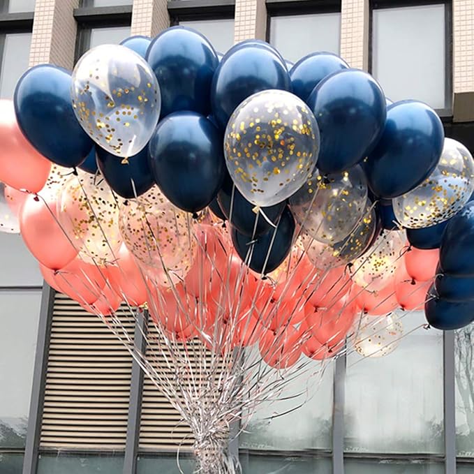 68 Pack Navy Blue Rose Gold Confetti Latex Balloons, 12 inch Birthday