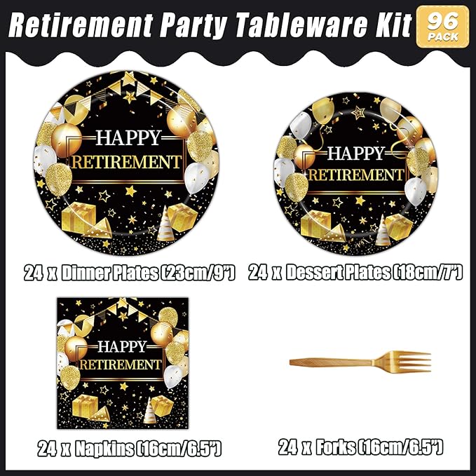 96 Pcs Retirement Party Plates and Napkins Set Happy Retirement