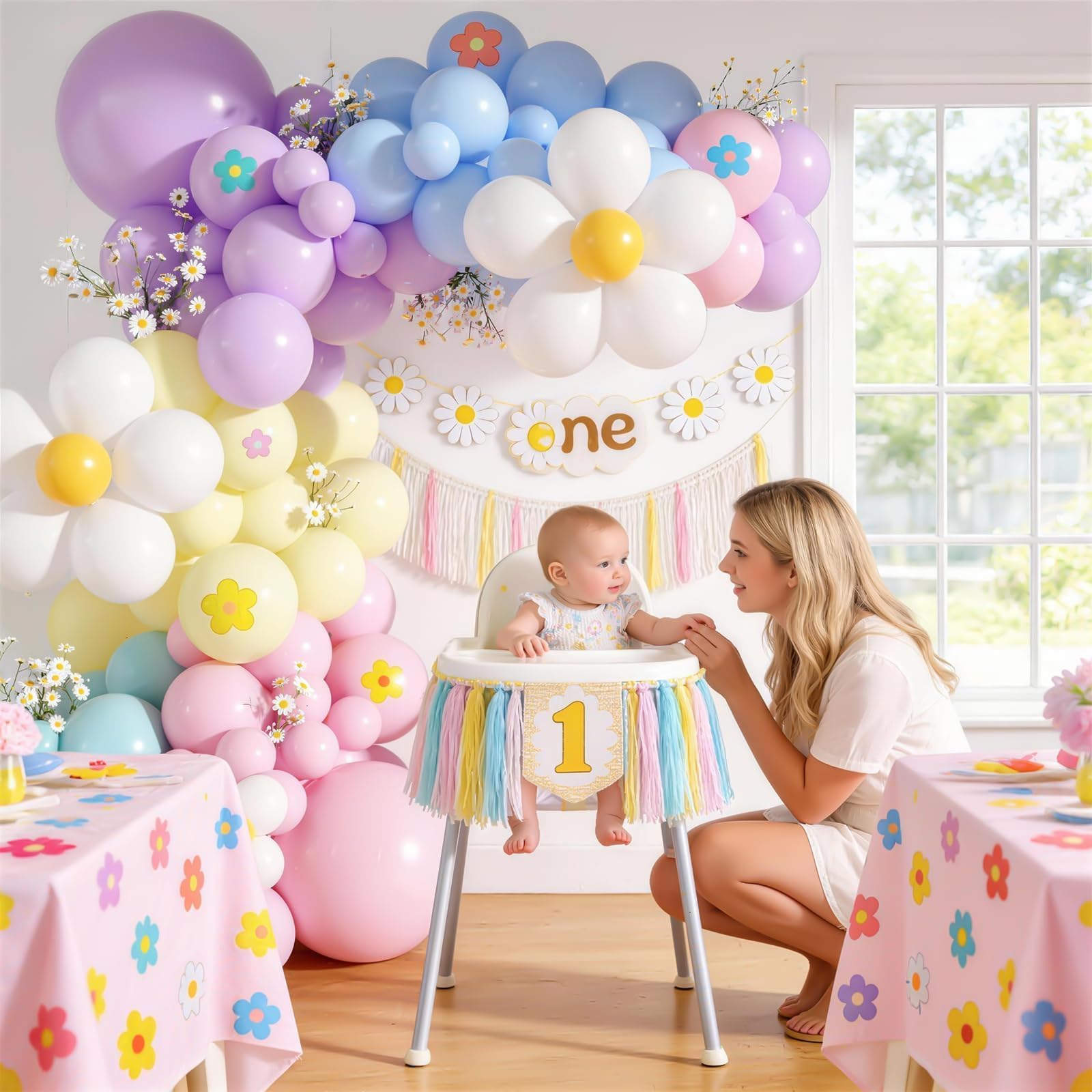 Daisy Balloon Garland Arch Kit,Pink Purple Yellow Blue Pastel Rainbow