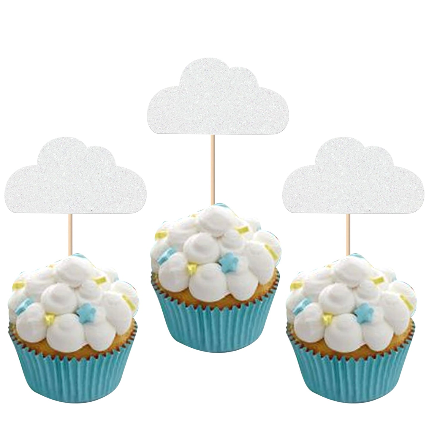 24 Pack White Cloud Cupcake Toppers Glitter Cloud Cupcake Picks Baby