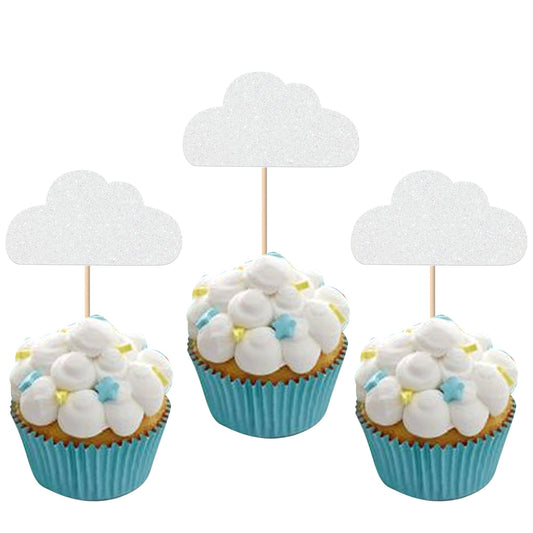 24 Pack White Cloud Cupcake Toppers Glitter Cloud Cupcake Picks Baby