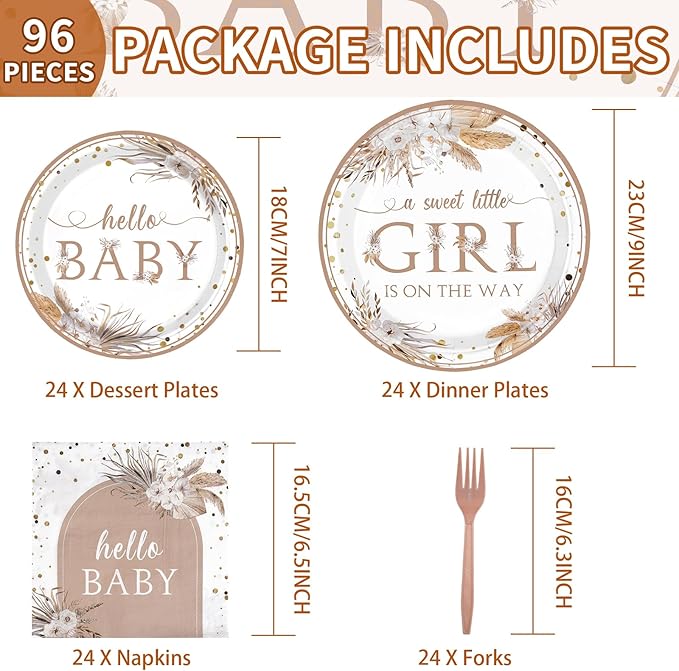 96pcs Boho Baby Shower Party Decorations Boho Hello Baby Girl Pink
