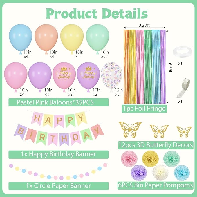 Pastel Birthday Decorations for Women Girls, Rainbow Colorful Printed