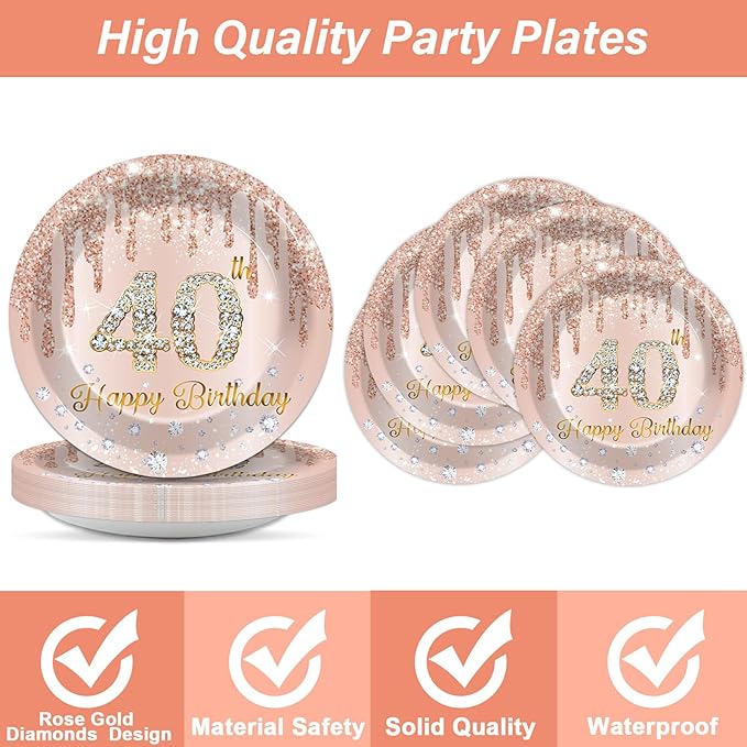 96PCS Rose Gold 40th Birthday Party Paper Plates and Napkins Forty