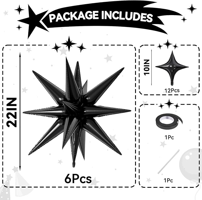 18 Pcs Black Star Balloons, Black Balloon with 6 Pcs 22-Inch