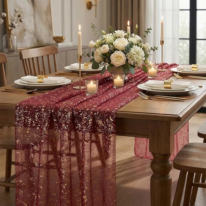 Artoid Mode Burgundy Gold Gauze Table Runner 120 Inch 10FT, Glitter